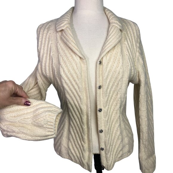 Mercer & Madison Merino Wool cream Cable Knit Cardigan Sweater collar ivory M/L - Picture 1 of 9